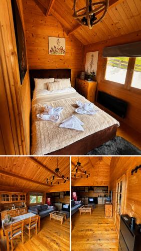 a bedroom with a bed in a wooden cabin at Babia Góra View House in Kocierz Moszczanicki