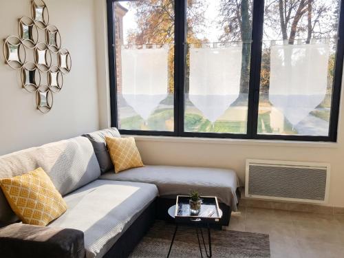 a living room with a couch and a window at Charmant studio à Abondant avec terrasse ensoleillée - 30 m² in Abondant