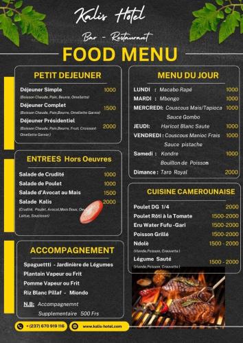 a menu for a food menu in a restaurant at Kalis Hotel in Douala