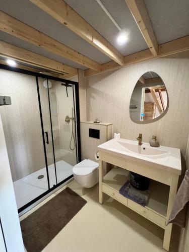 a bathroom with a sink and a toilet and a mirror at De Hombrake, Bed & Breakfast in Wilp