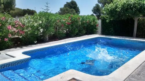 a swimming pool in a yard with flowers at Seaside Villa in Calafat with Private Pool. in Calafat