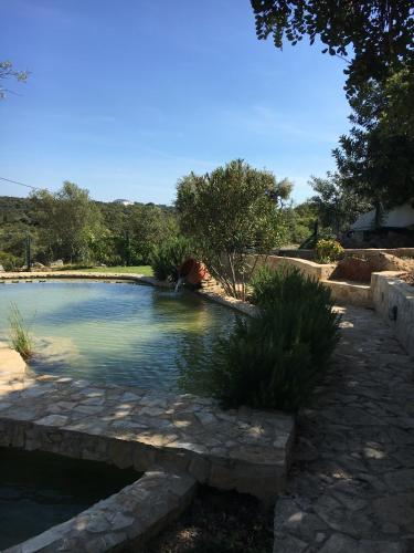 a pool of water in a yard with trees at Rustic Villa Tavira with Mountain Views and Pool in Tavira