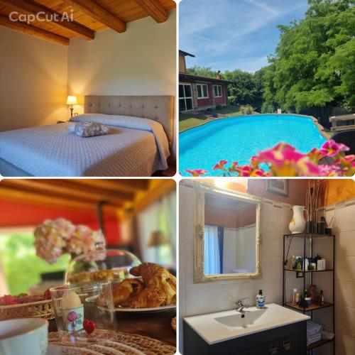 a collage of pictures of a bedroom and a pool at Cascina Rocchino bed and breakfast in Predosa