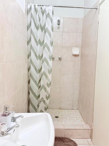 a bathroom with a shower and a sink at Paradise Corner in Francistown