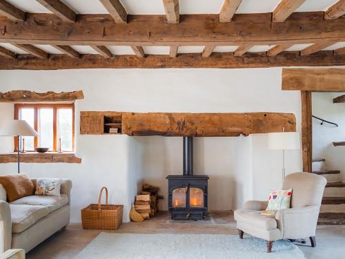 a living room with a wood stove in a room at Blaenau - Uk50400 in Llanstephan