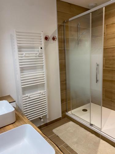 a bathroom with a shower and a white sink at Du Baume Au Cœur in Baume-les-Messieurs