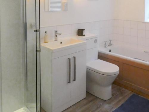 a bathroom with a toilet and a sink and a shower at Chapel Cottage in Askham