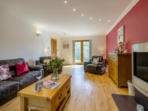 a living room with a couch and a tv at Derwen Haidd in Llanafan