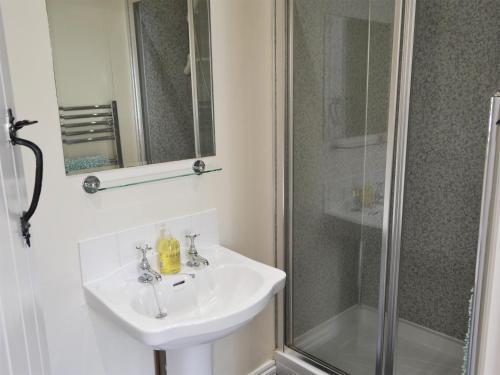 a bathroom with a sink and a shower at Keepers Cottage Burradon in Sharperton