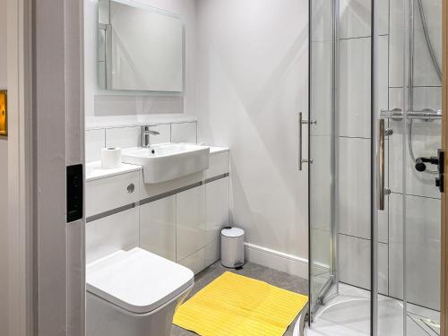 a bathroom with a toilet and a sink and a shower at Cannock Chase in Rugeley