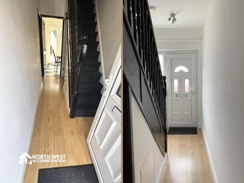 two pictures of a hallway with stairs and a door at Warrington 3-Bedroom House Near Birchwood & Omega in Warrington