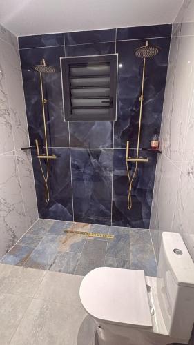 a bathroom with a toilet and a blue wall at Villa Aloa Private pool in Les Abymes