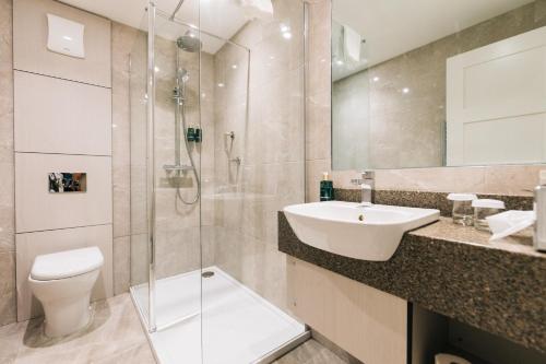 a bathroom with a toilet and a sink and a shower at Dunadry Hotel And Gardens in Antrim