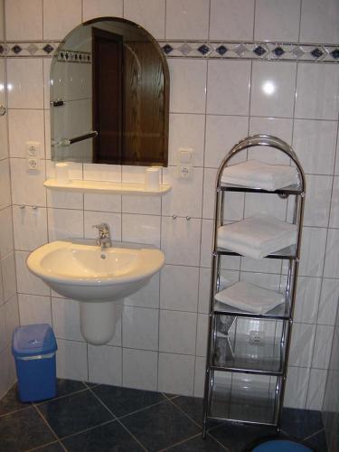 a bathroom with a sink and a mirror and a towel rack at Ferienwohnung Steinebach in Daun