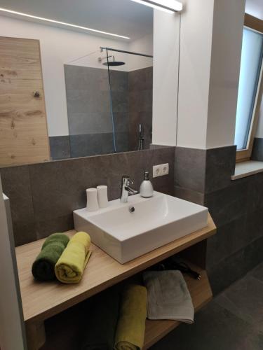 a bathroom with a sink and a mirror at Highlight Apartments in Appiano sulla Strada del Vino