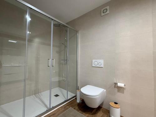 a bathroom with a glass shower and a toilet at Apartamento do Teatro in Lamego