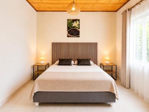 a bedroom with a large bed with two tables at La Kaz' Mathosie in Saint-André