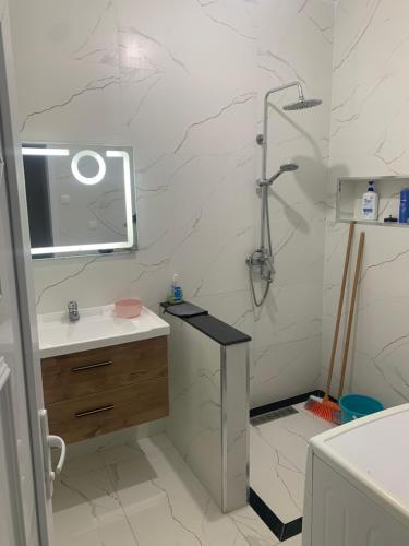 a white bathroom with a shower and a sink at Chez NAIM in Tichi