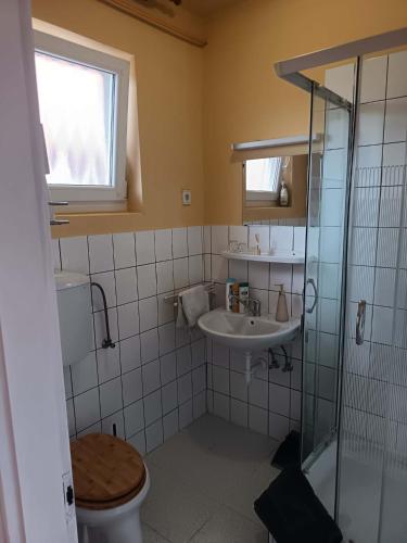 a bathroom with a toilet and a sink at Basti Apartman in Gyenesdiás
