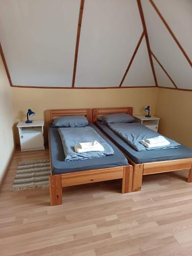 a bedroom with two twin beds in a tent at Basti Apartman in Gyenesdiás