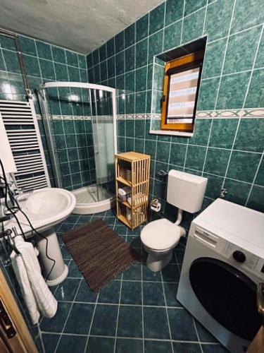 a green tiled bathroom with two toilets and a shower at Vikendica Hills Vlašić in Šišava