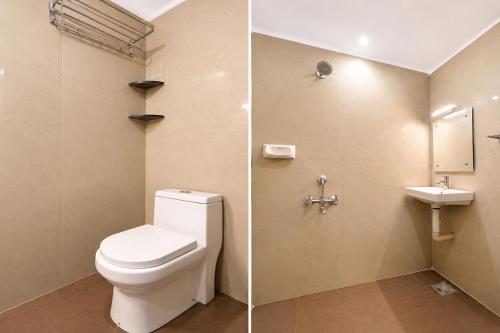 two pictures of a bathroom with a toilet and a sink at FabHotel Happy in Vijayawāda