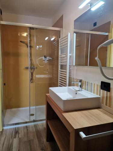 a bathroom with a sink and a shower at Alpencolor Hotel Tonale in Passo del Tonale