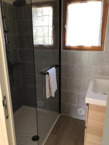 a bathroom with a shower and a sink at Chalet confort 1 piscine partagée in Les Vans
