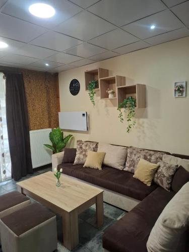a living room with a couch and a coffee table at Kombfapartment in Berkovitsa