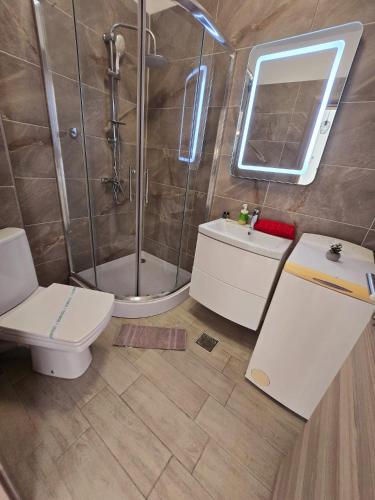 a bathroom with a shower and a toilet and a sink at Alezzi Luxury Double Studio - Beach Pool & Spa Resort in Mamaia Sat/Năvodari