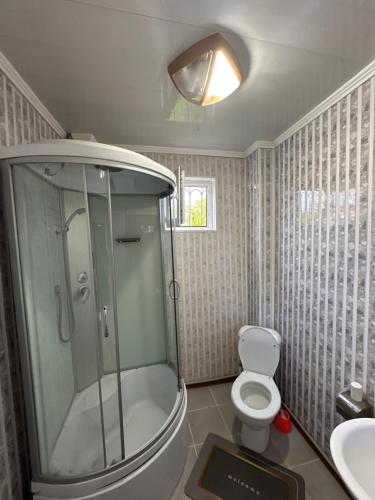 a bathroom with a shower and a toilet and a sink at Достук in Bosteri