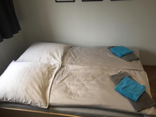 a bed with two blue pillows on top of it at P63 City Rooms Nürnberg Center in Nürnberg