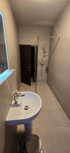 a bathroom with a sink and a shower at Drei Schweizer Hotel in Neuwied