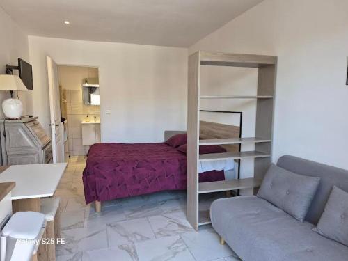 a living room with a bed and a couch at Les Lézards 2 au Soleil Draguignan in Draguignan