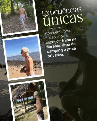 a collage of photos of a man on the beach at Choupana Siriá in Belém