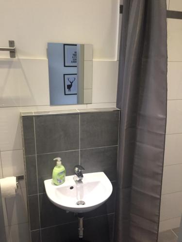 a bathroom with a sink and a mirror at P63 City Rooms Nürnberg Center in Nürnberg