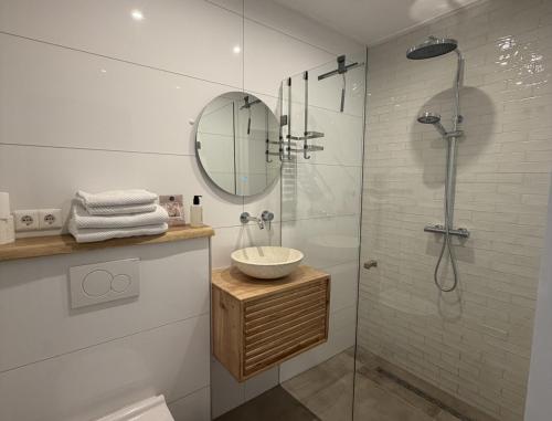 a bathroom with a sink and a shower with a mirror at Herberg de Smederij in Kampen