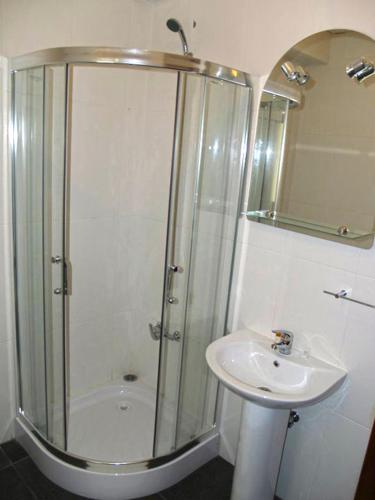 a bathroom with a shower and a sink at A Cobiça do Mundo in Pincães