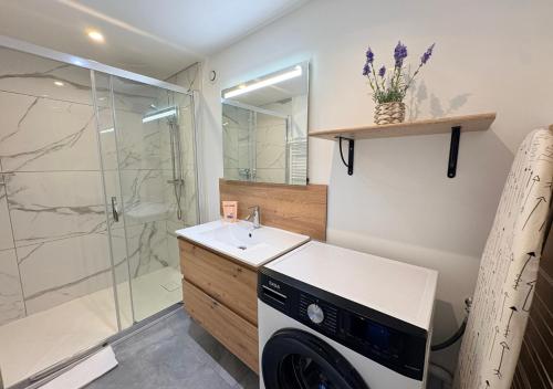 a bathroom with a washing machine and a shower at Le Grainetier in Margny-lès-Compiègne
