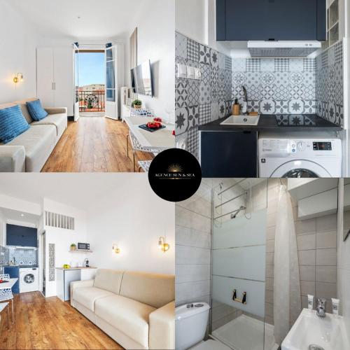 a kitchen and a living room with a couch at LE RIVA - Studio Hyper Centre - Parking - Wifi in Menton