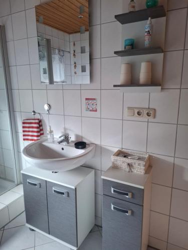 a bathroom with a sink and a mirror and a sink at Ferienwohnung Heck in Waldeck