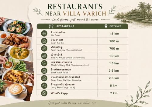 a menu for restaurants near villa vaughan at Villa Varich in Chumphon