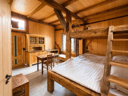 a bedroom with a bunk bed and a desk at Férovka in Jeseník