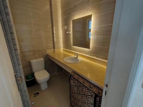 a bathroom with a sink and a toilet and a mirror at Marina Blu Blumar Chalet in Ain Sokhna