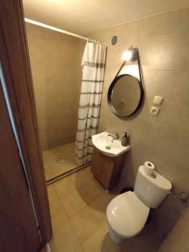 a bathroom with a toilet and a sink and a shower at Pokoje Gościnne u DORIS in Stegna