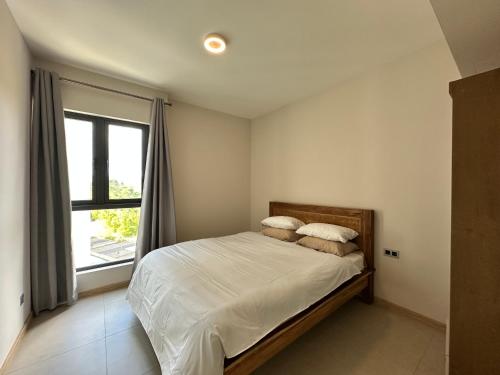 a bedroom with a bed with pillows and a window at Haven Suites in Moka