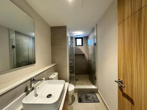 a bathroom with a sink and a toilet and a shower at Haven Suites in Moka