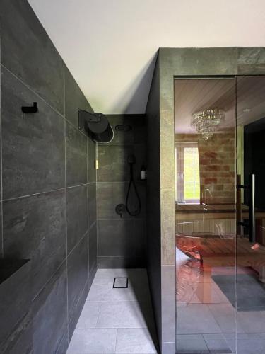 a bathroom with a shower with a glass door at Jolster SPA apartments for 2 in Skei