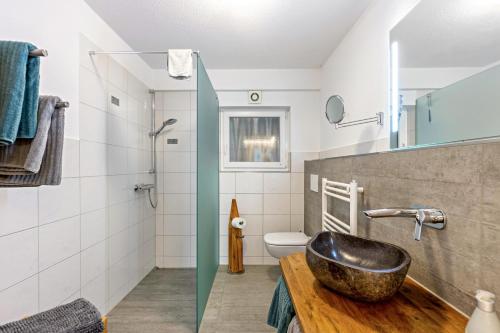 a bathroom with a sink and a toilet at Ferienwohnungen Schwarzwaldtraum in Unterkirnach