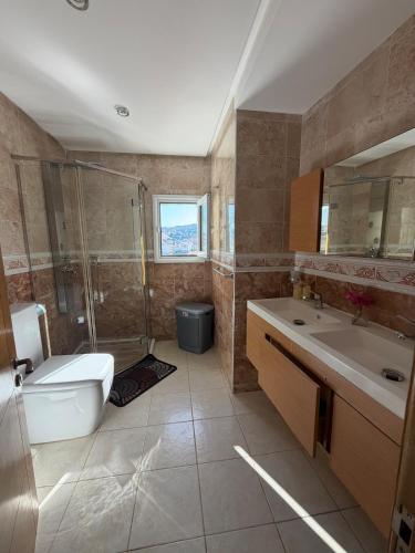 a bathroom with a shower and a toilet and a sink at Panoramic Sea View Apartment in Riffiene